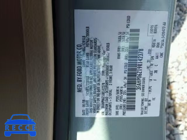 2009 FORD FUSION S 3FAHP06Z19R142378 image 9
