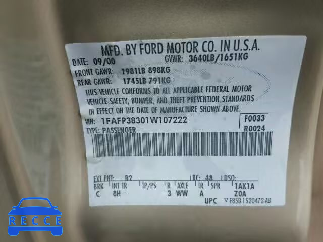 2001 FORD FOCUS ZTS 1FAFP38301W107222 image 9