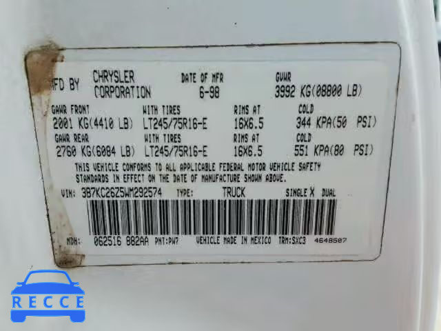 1998 DODGE RAM 2500 3B7KC26Z5WM292574 image 9