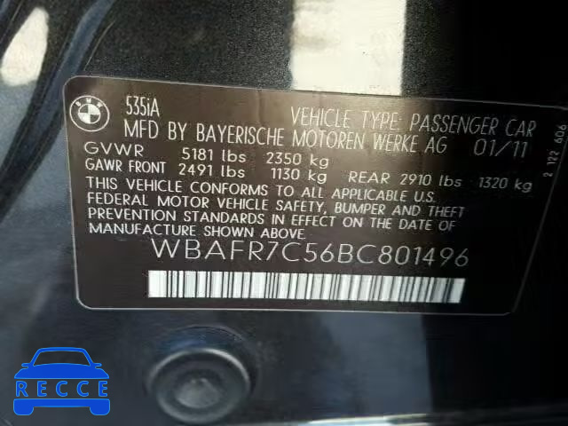 2011 BMW 535I WBAFR7C56BC801496 зображення 9