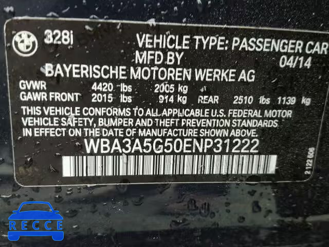 2014 BMW 328I WBA3A5G50ENP31222 зображення 9