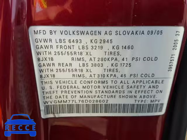 2006 VOLKSWAGEN TOUAREG 4. WVGMM77L76D028602 Bild 9