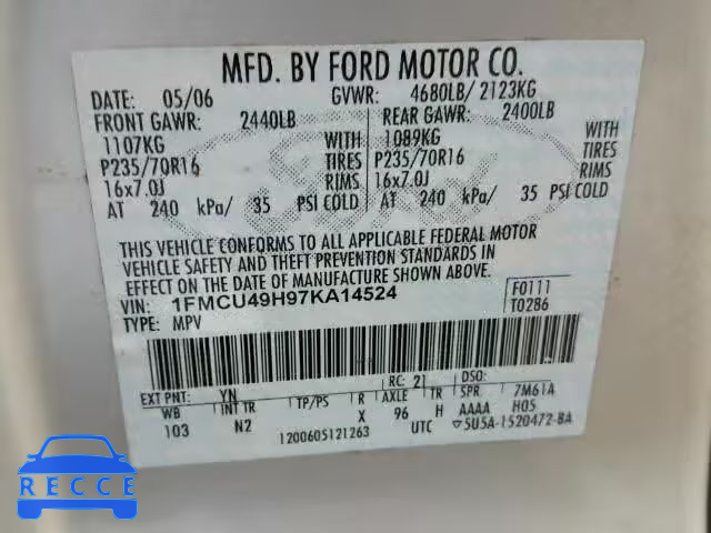 2007 FORD ESCAPE HEV 1FMCU49H97KA14524 зображення 9