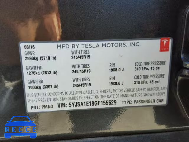 2016 TESLA MODEL S 5YJSA1E18GF155629 зображення 9