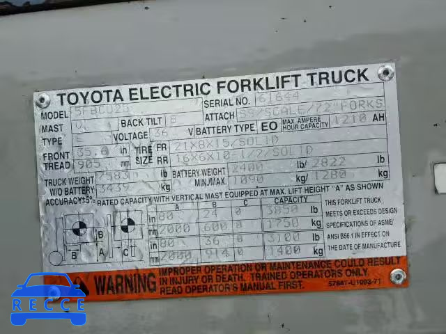 1997 TOYOTA FORKLIFT 5FBCU2561644 image 9