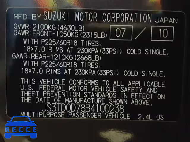 2011 SUZUKI GRAND VITA JS3TD0D78B4100238 Bild 9