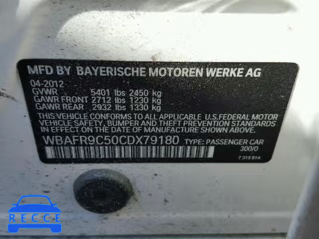 2012 BMW 550I WBAFR9C50CDX79180 image 9