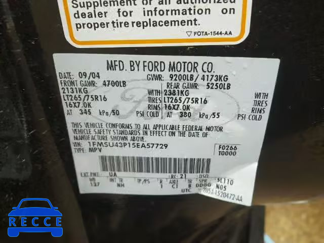 2005 FORD EXCURSION 1FMSU43P15EA57729 image 9