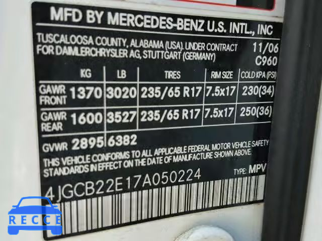 2007 MERCEDES-BENZ R320 CDI 4JGCB22E17A050224 зображення 9