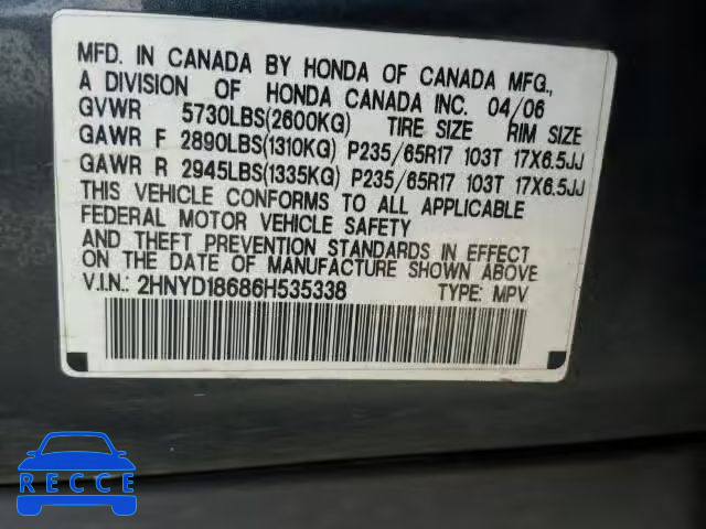 2006 ACURA MDX Touring 2HNYD18686H535338 image 9