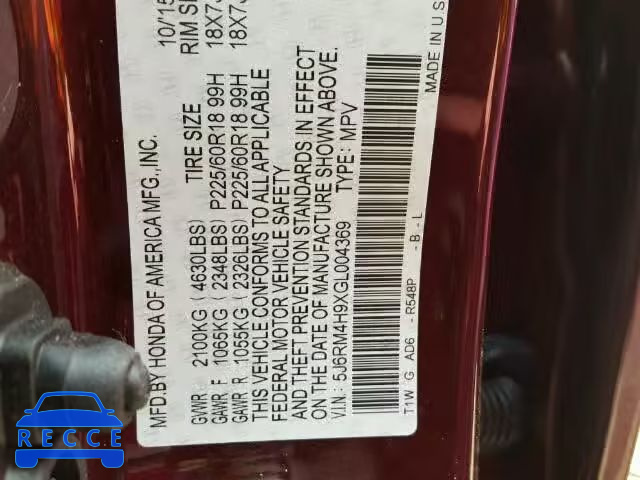 2016 HONDA CR-V TOURI 5J6RM4H9XGL004369 image 9