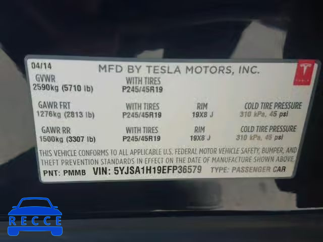 2014 TESLA MODEL S 5YJSA1H19EFP36579 Bild 9