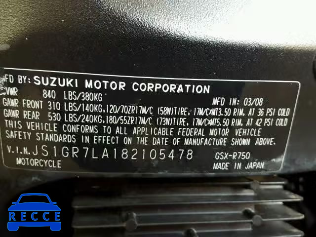 2008 SUZUKI GSX-R750 JS1GR7LA182105478 image 9