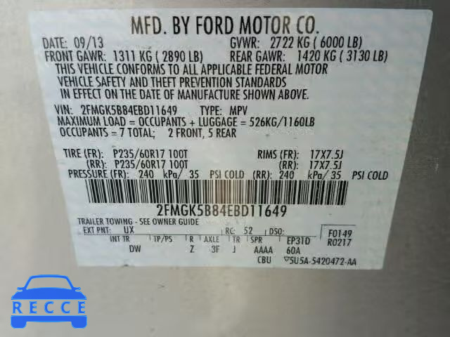 2014 FORD FLEX SE 2FMGK5B84EBD11649 зображення 9