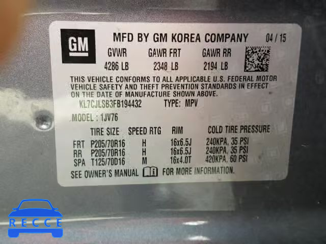 2015 CHEVROLET TRAX 1LT KL7CJLSB3FB194432 image 9