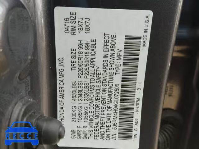 2016 HONDA CR-V TOURI 5J6RM4H94GL072506 image 9