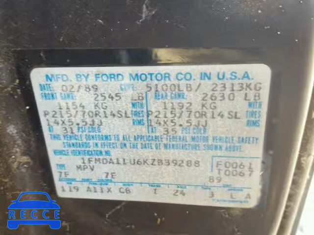 1989 FORD AEROSTAR 1FMDA11U6KZB39288 image 9