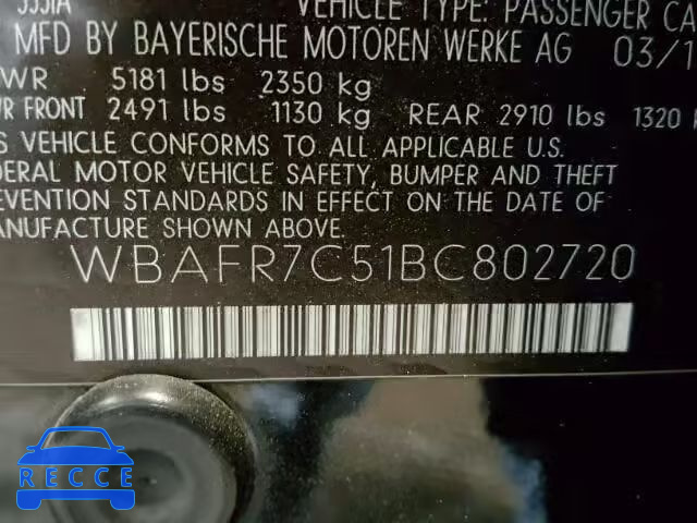 2011 BMW 535I WBAFR7C51BC802720 image 9