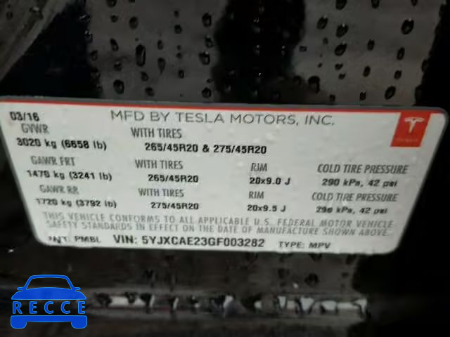 2016 TESLA MODEL X 5YJXCAE23GF003282 image 9