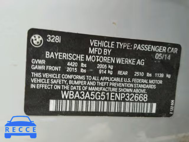 2014 BMW 328I WBA3A5G51ENP32668 зображення 9