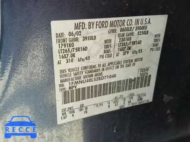 2002 FORD EXCURSION 1FMNU40L52ED71040 image 9