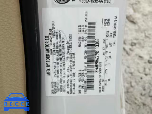 2009 FORD FUSION S 3FAHP06Z79R113306 image 9
