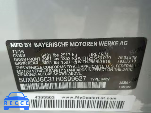 2017 BMW X6 XDRIVE5 5UXKU6C31H0S99627 Bild 9