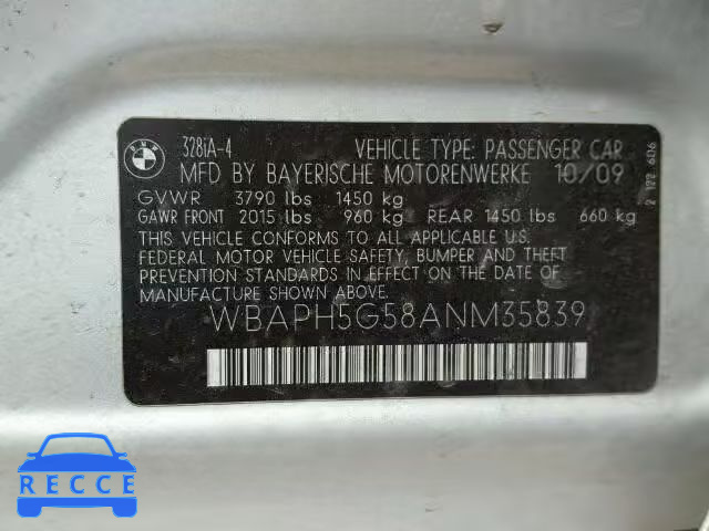2010 BMW 328I SULEV WBAPH5G58ANM35839 зображення 9