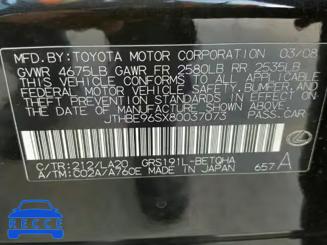 2008 LEXUS GS 350 JTHBE96SX80037073 image 9