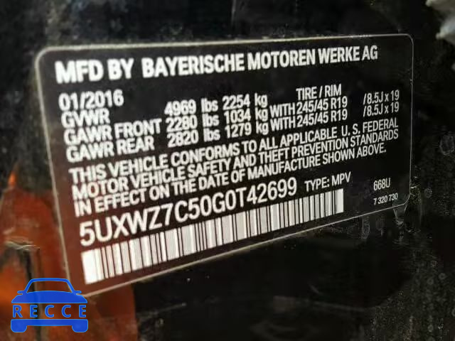 2016 BMW X3 SDRIVE 5UXWZ7C50G0T42699 зображення 9