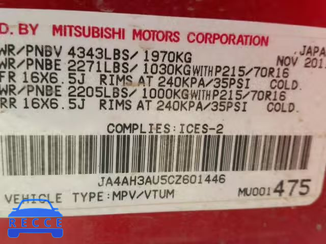 2012 MITSUBISHI RVR SE JA4AH3AU5CZ601446 зображення 9