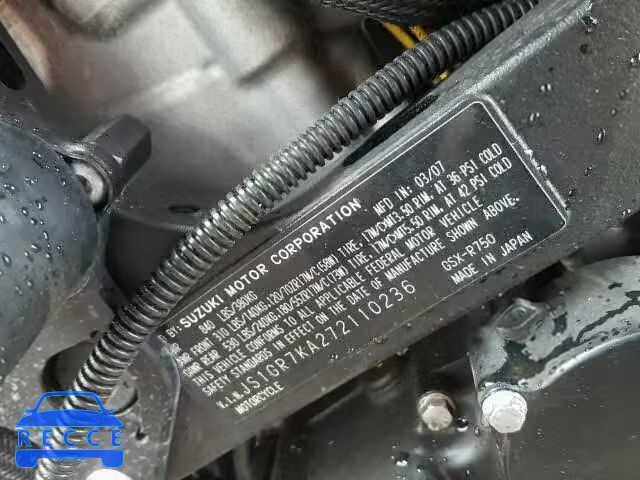 2007 SUZUKI GSX-R750 JS1GR7KA272110236 image 9
