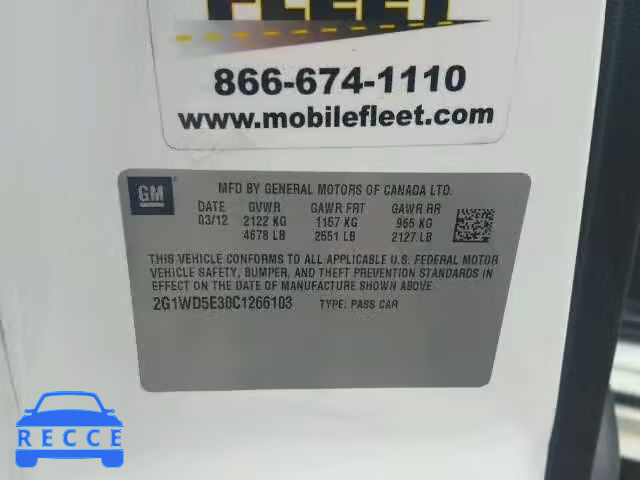 2012 CHEVROLET IMPALA POL 2G1WD5E30C1266103 image 9