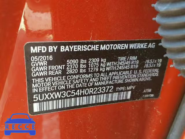 2017 BMW X4 XDRIVE2 5UXXW3C54H0R23372 image 9