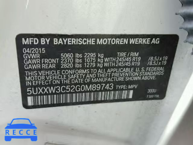 2016 BMW X4 XDRIVE 5UXXW3C52G0M89743 image 9