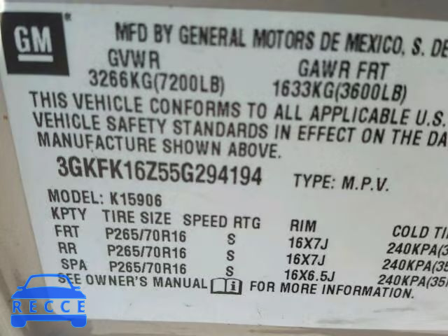 2005 GMC YUKON XL K 3GKFK16Z55G294194 image 9