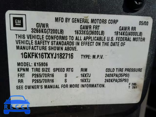 2000 GMC YUKON XL K 1GKFK16TXYJ182716 image 9