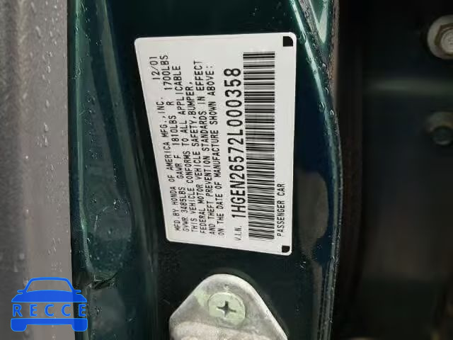 2002 HONDA CIVIC GX 1HGEN26572L000358 зображення 9