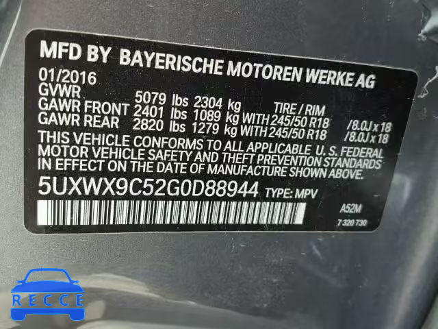 2016 BMW X3 XDRIVE2 5UXWX9C52G0D88944 image 9