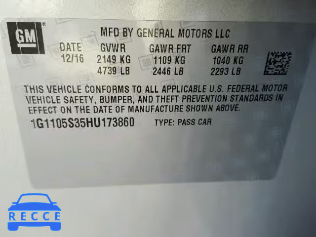2017 CHEVROLET IMPALA LT 1G1105S35HU173860 image 9
