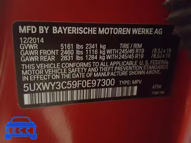 2015 BMW X3 XDRIVE 5UXWY3C59F0E97300 зображення 9