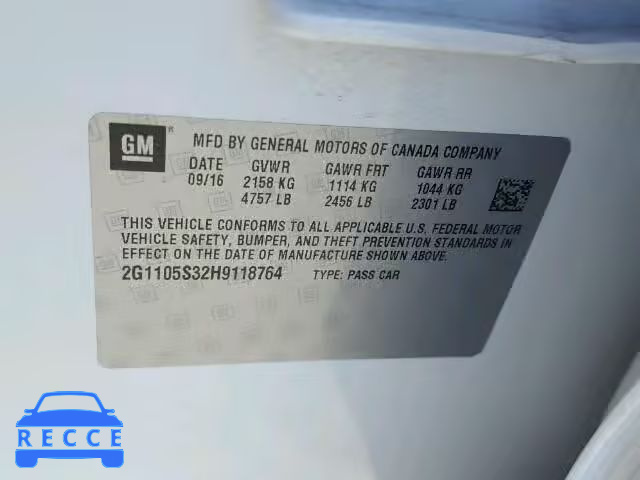 2017 CHEVROLET IMPALA LT 2G1105S32H9118764 image 9