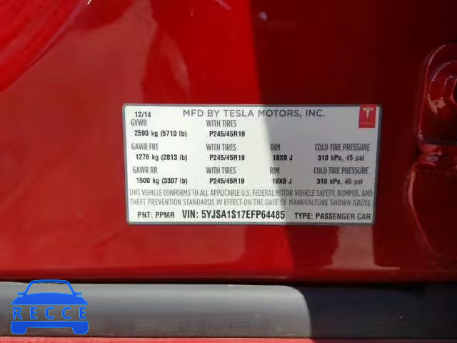 2014 TESLA MODEL S 5YJSA1S17EFP64485 зображення 9