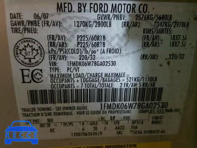 2008 FORD TAURUS X L 1FMDK06W78GA02530 зображення 9