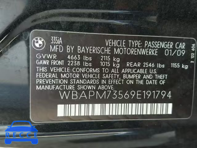 2009 BMW 335I WBAPM73569E191794 image 9