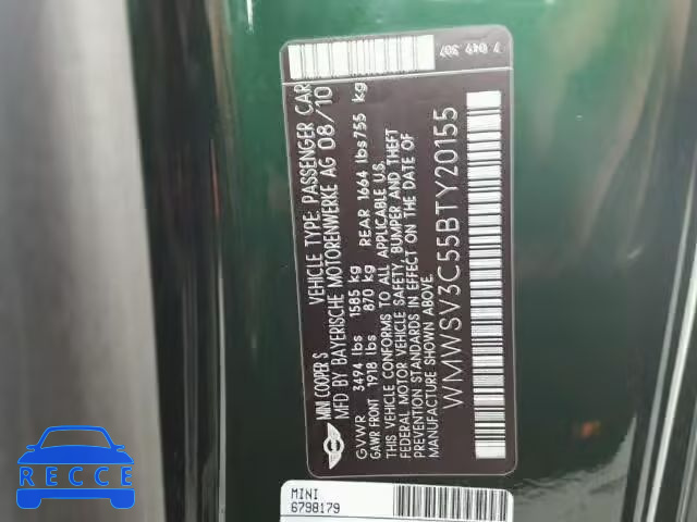 2011 MINI COOPER S WMWSV3C55BTY20155 image 9