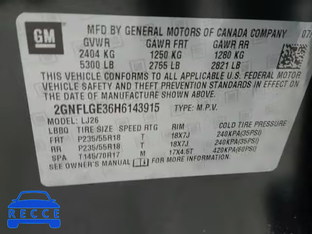 2017 CHEVROLET EQUINOX PR 2GNFLGE36H6143915 Bild 9