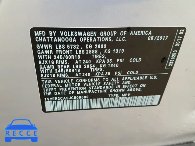 2018 VOLKSWAGEN ATLAS SEL 1V2ER2CA3JC509509 зображення 9