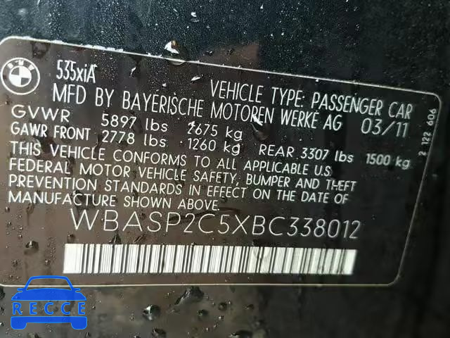 2011 BMW 535 XIGT WBASP2C5XBC338012 зображення 9