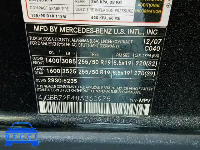 2008 MERCEDES-BENZ ML 550 4JGBB72E48A360975 image 9
